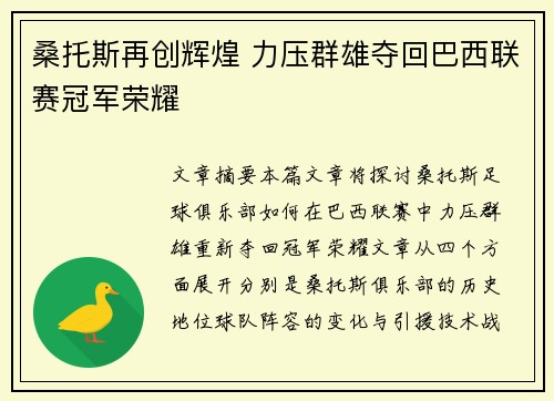 桑托斯再创辉煌 力压群雄夺回巴西联赛冠军荣耀